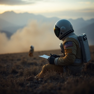 An astronaut writing in a notebook in a mountain landscape