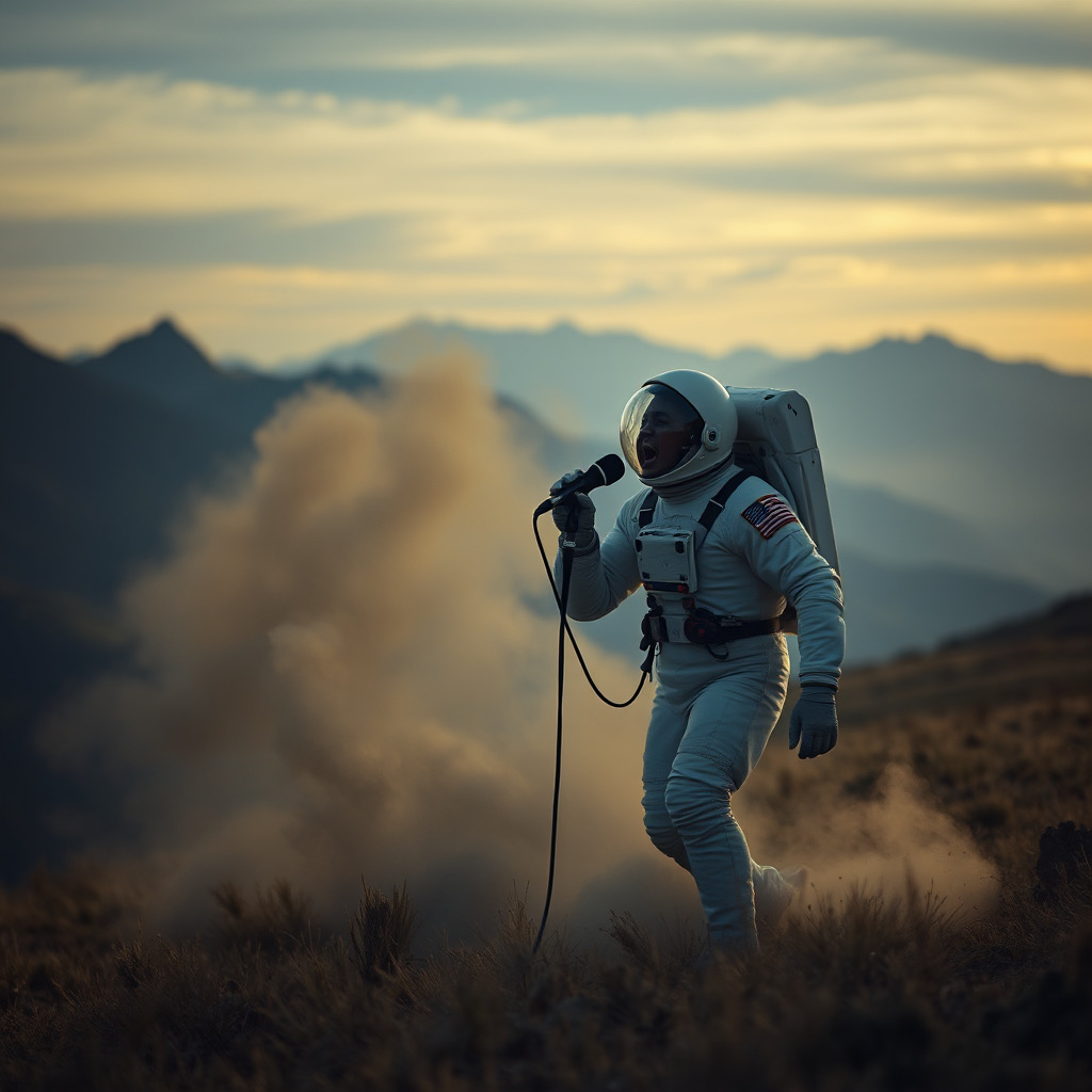 Bear the Astronot performing in a high desert landscape