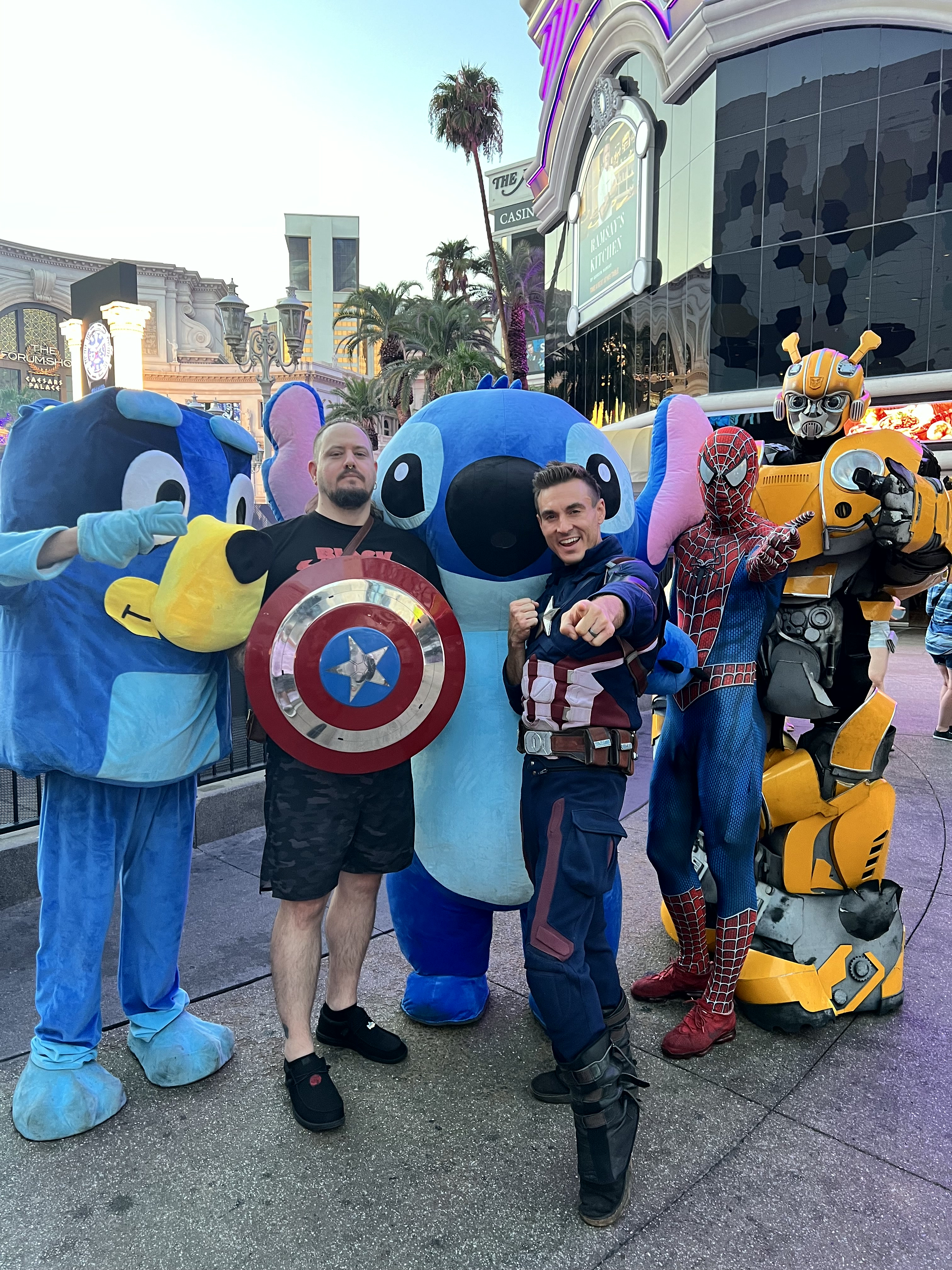 Bear the Astronot posing with costumed characters in Las Vegas